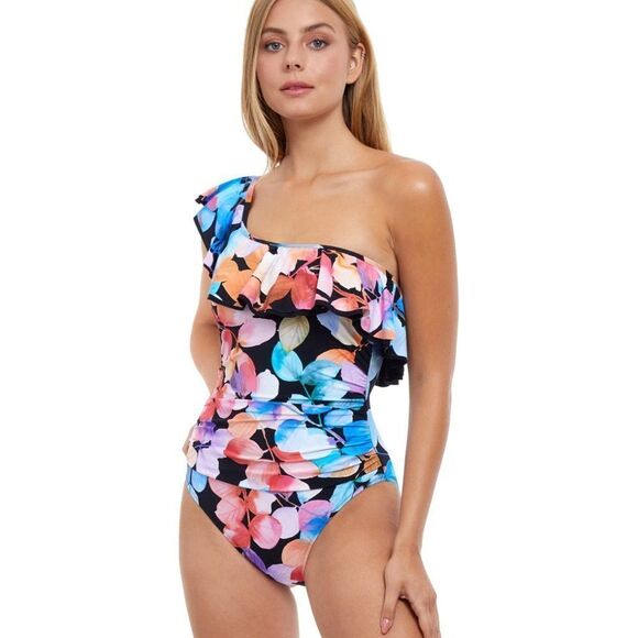 Gottex Woman Color Rush Ruffled One Shoulder black floral One Piece Swimsuit 12 - Picture 3 of 15